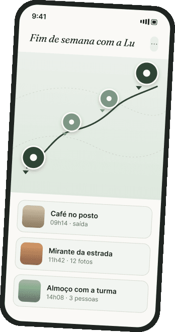 Pré-visualização do app Lumi: mapa de um dia com rota e cards de momentos